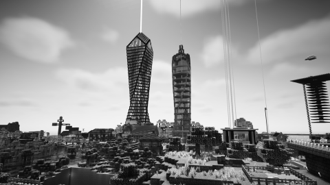 Old Citys ikoniska skyline i svartvitt.